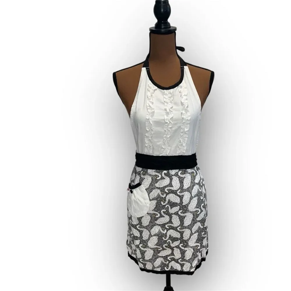 Simply Whimsical Swan Print Apron, Ruffled Bib 100% Cotton, Women’s One Size